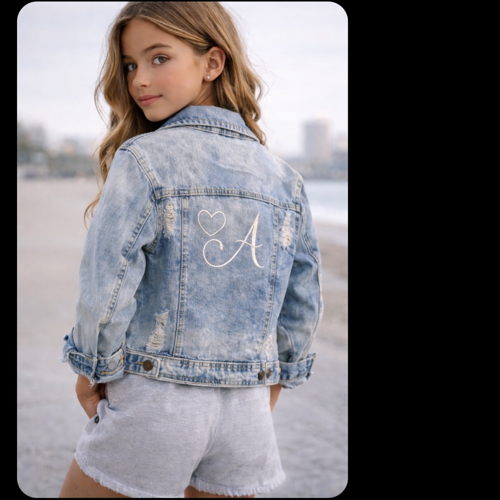 Girls Distressed Denim Jacket Custom Monogram Embroidered Back for spring break